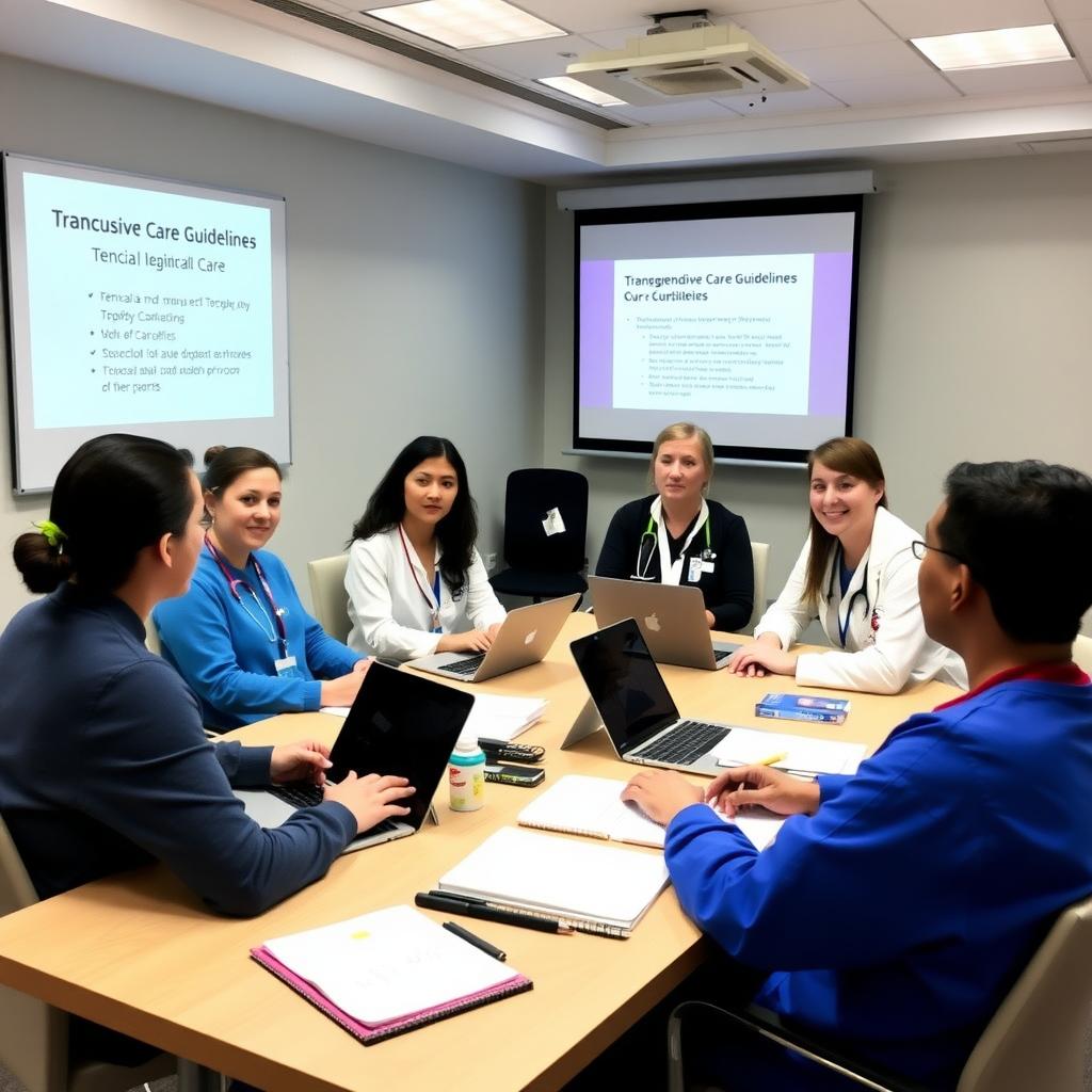 Healthcare professionals in a training session on transgender healthcare in a modern room.