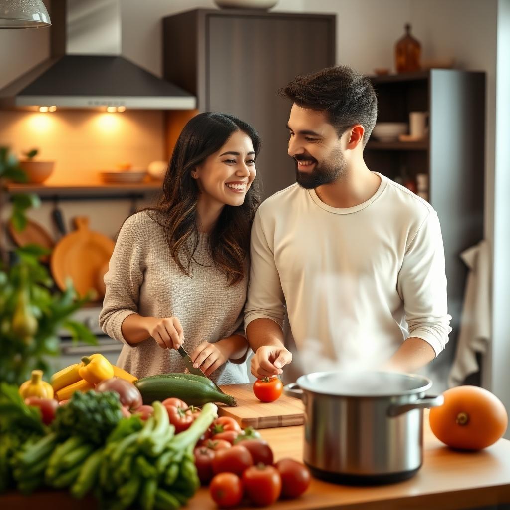 A couple cooks together in a warm, cozy kitchen, smiling and working as a team.