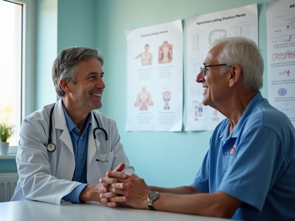 A doctor discussing health outcomes with a mature patient in a clinical setting