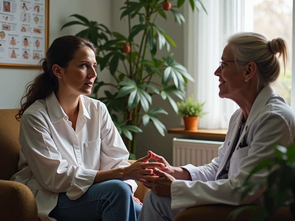 A woman in a doctor's office discussing fertility options, showcasing a real-life scenario.
