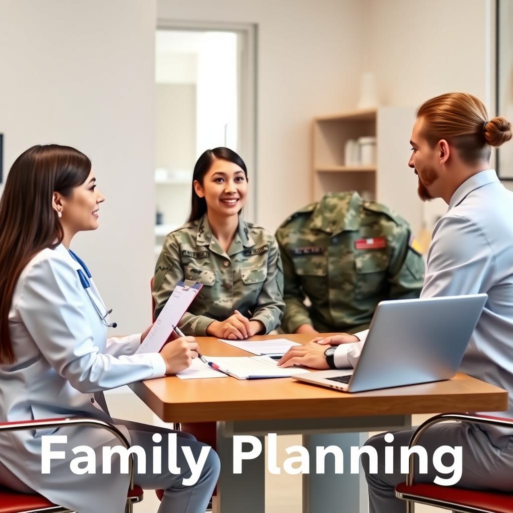 Military couple consulting with a healthcare professional about family planning in a modern office