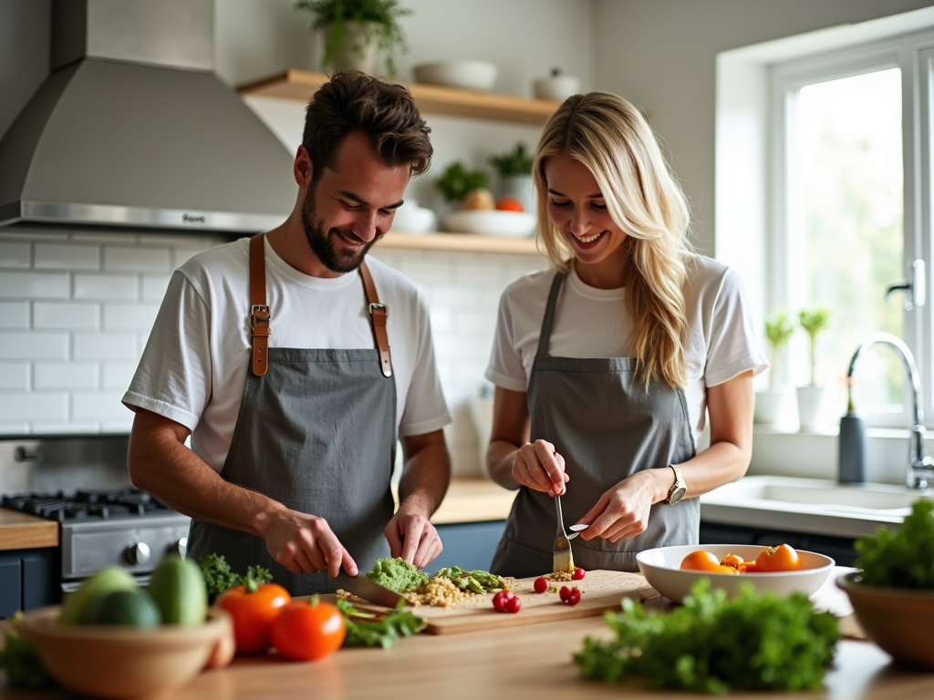Couple cooking a healthy meal together.