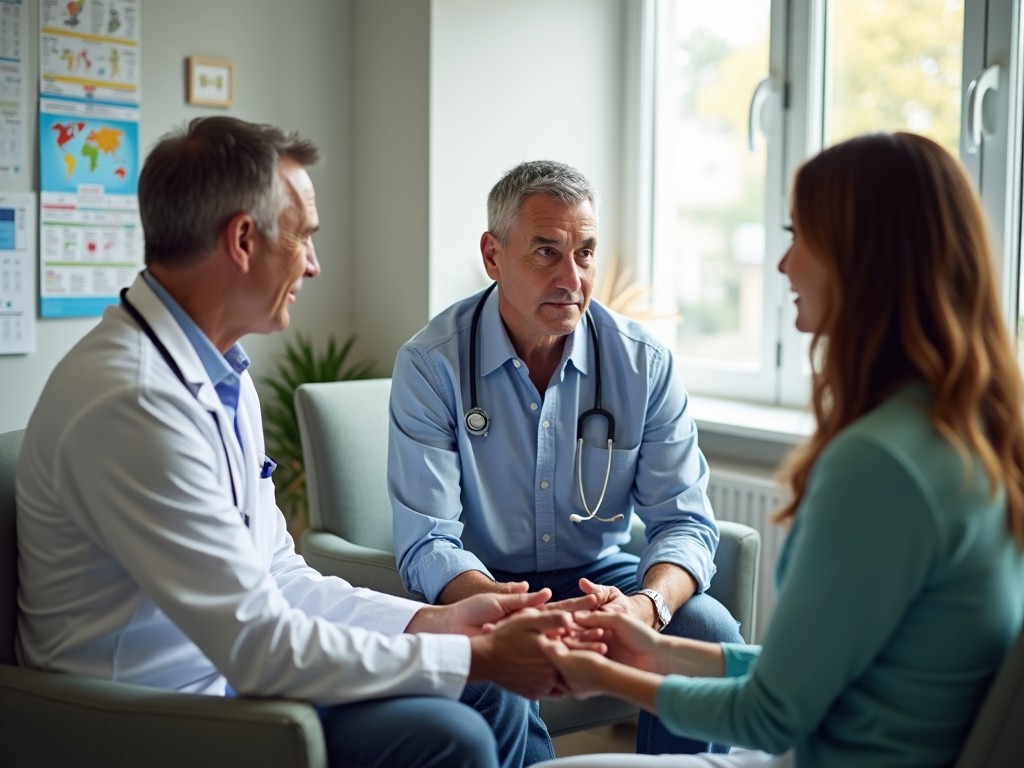 Couple holding hands during a doctor's consultation, looking hopeful.
