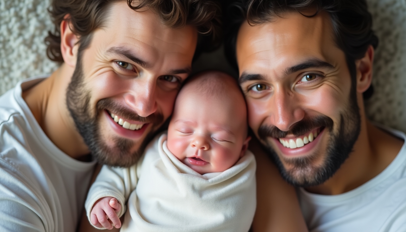 Two dads holding their newborn baby.