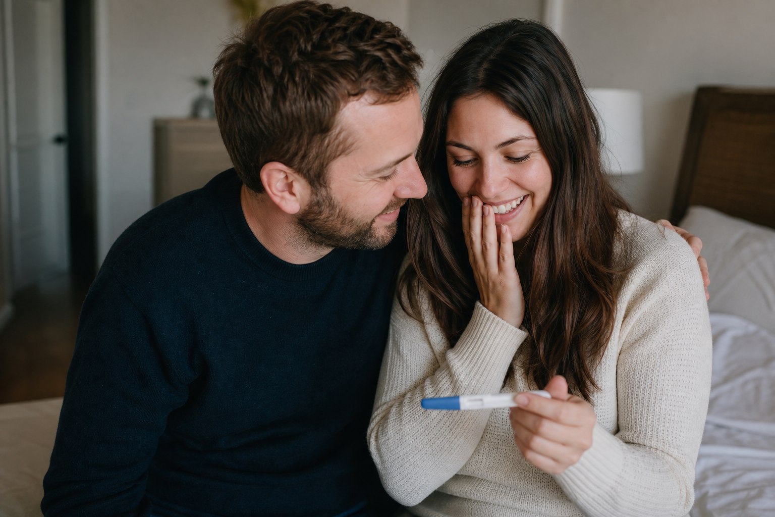 A couple celebrating early signs of pregnancy after fertility treatment