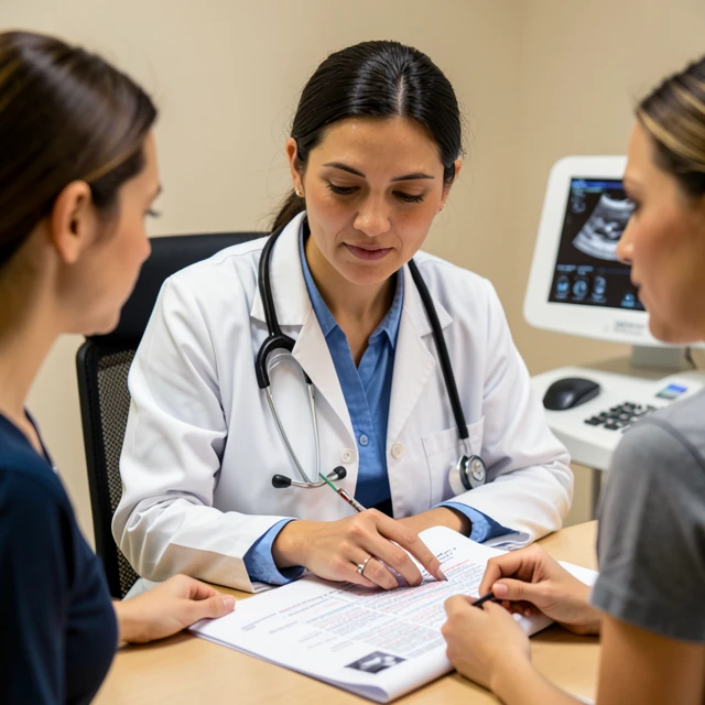 Fertility specialist consulting with patient about egg freezing