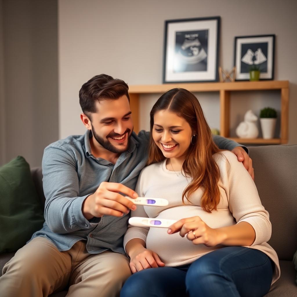 A couple celebrating a positive pregnancy test in a cozy living room.