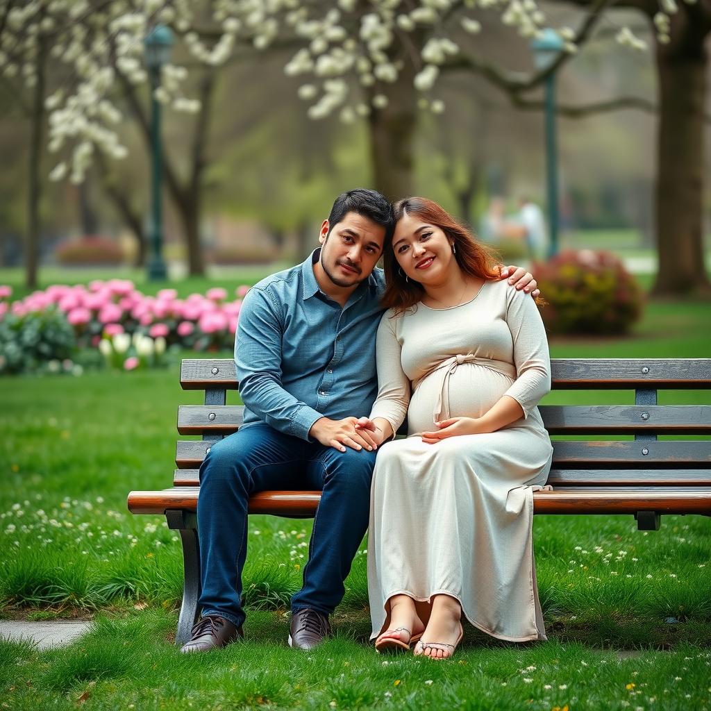 Couple holding hands on a park bench in a peaceful park