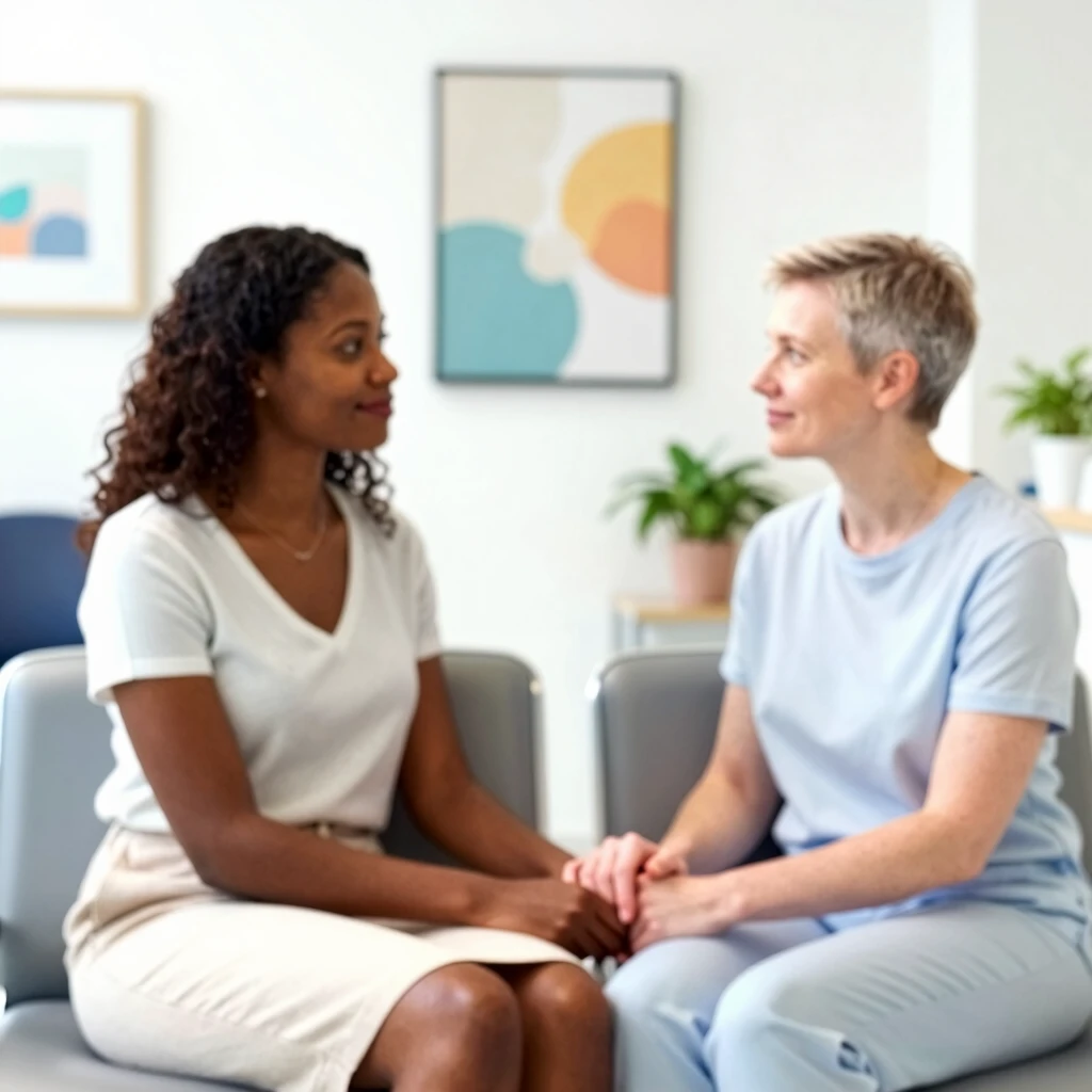 Couple holding hands in a fertility clinic waiting room