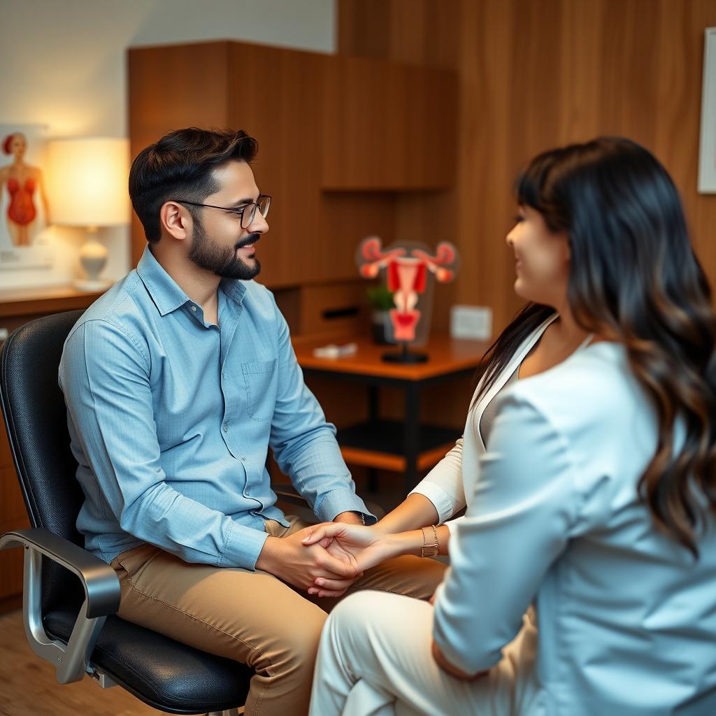 Couple consulting with fertility specialist in a warm, professional office