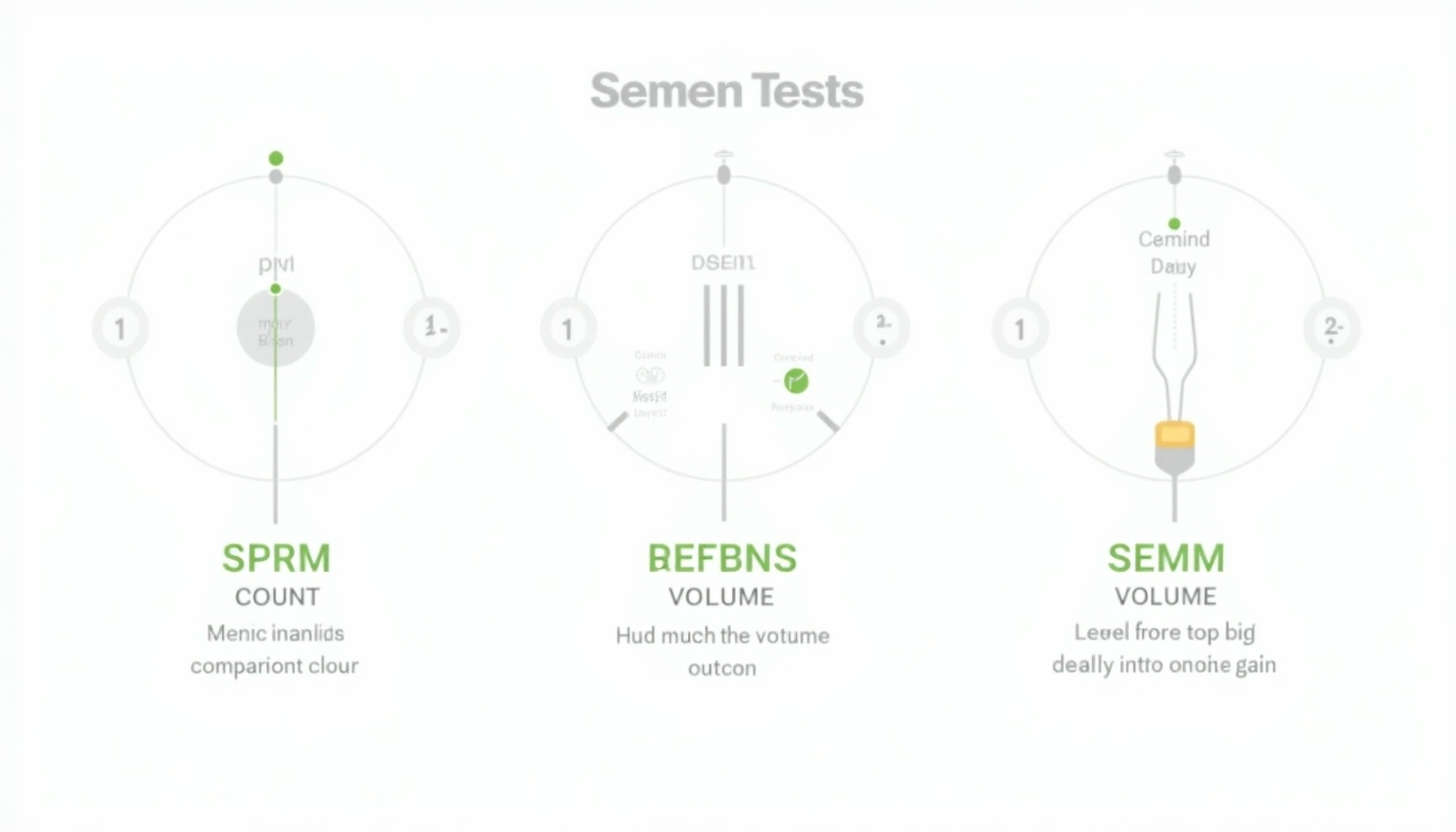 Infographic showing key semen analysis parameters: count, motility, morphology, and volume.