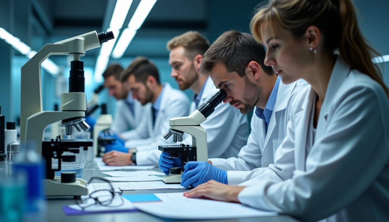 Researchers in a lab wearing white coats, focusing on fertility preservation research, showcasing scientific advancements.