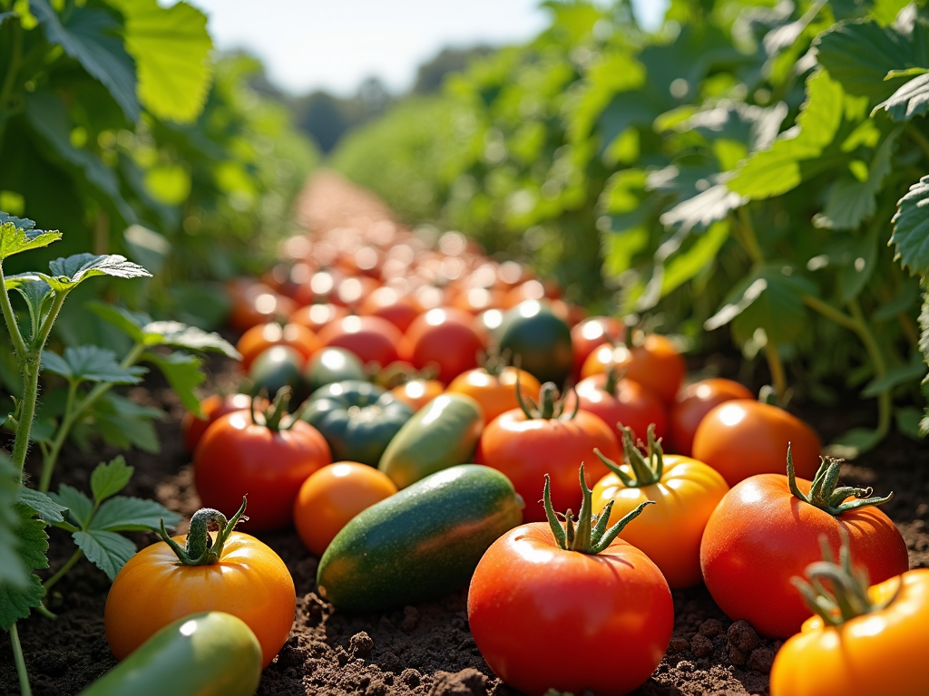 A vibrant outdoor scene of fresh organic vegetables growing in a garden.