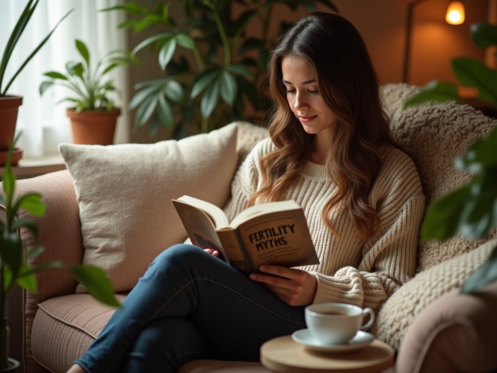 A woman reading a book about fertility myths, sitting in a cozy living room setting.