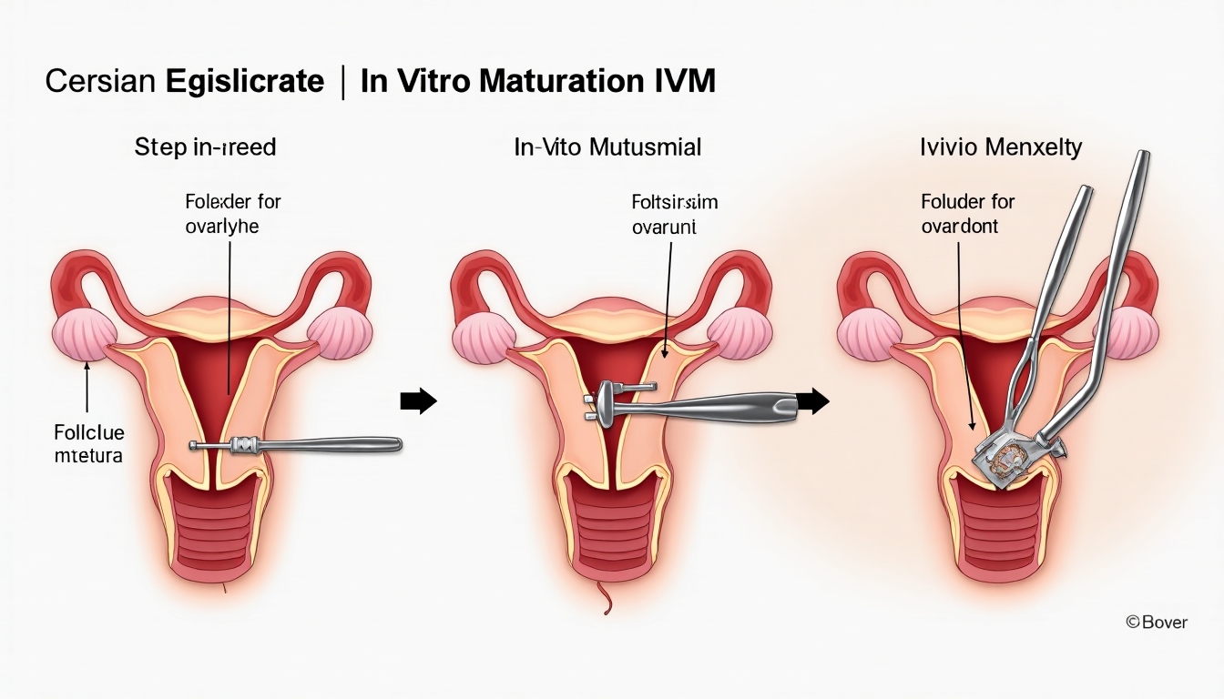 Illustration of ovaries and reproductive system highlighting the process of egg retrieval for IVM.