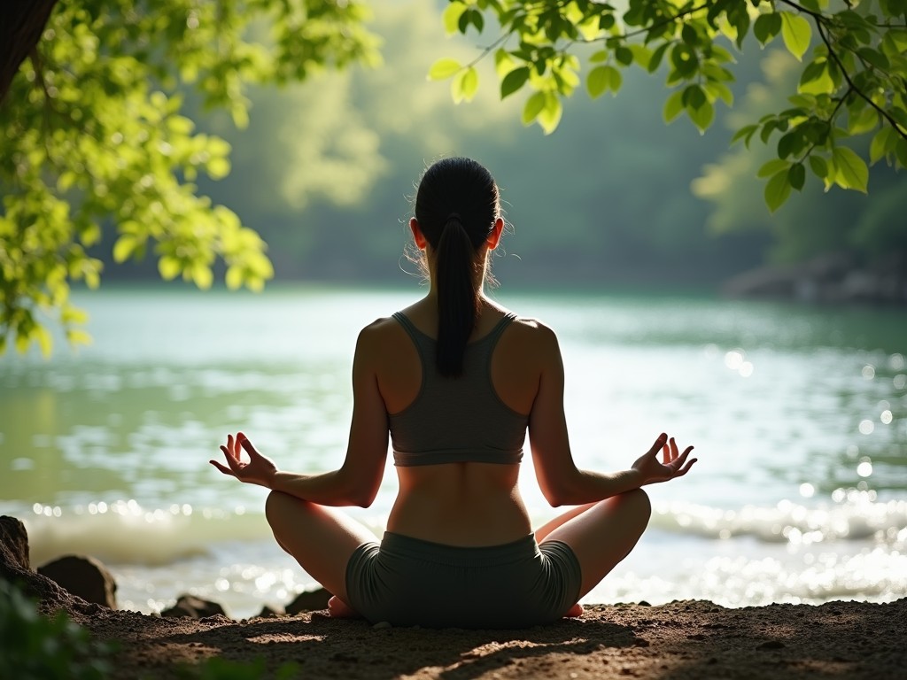 A serene person practicing meditation by a calm waterfront, seeking peace and balance.