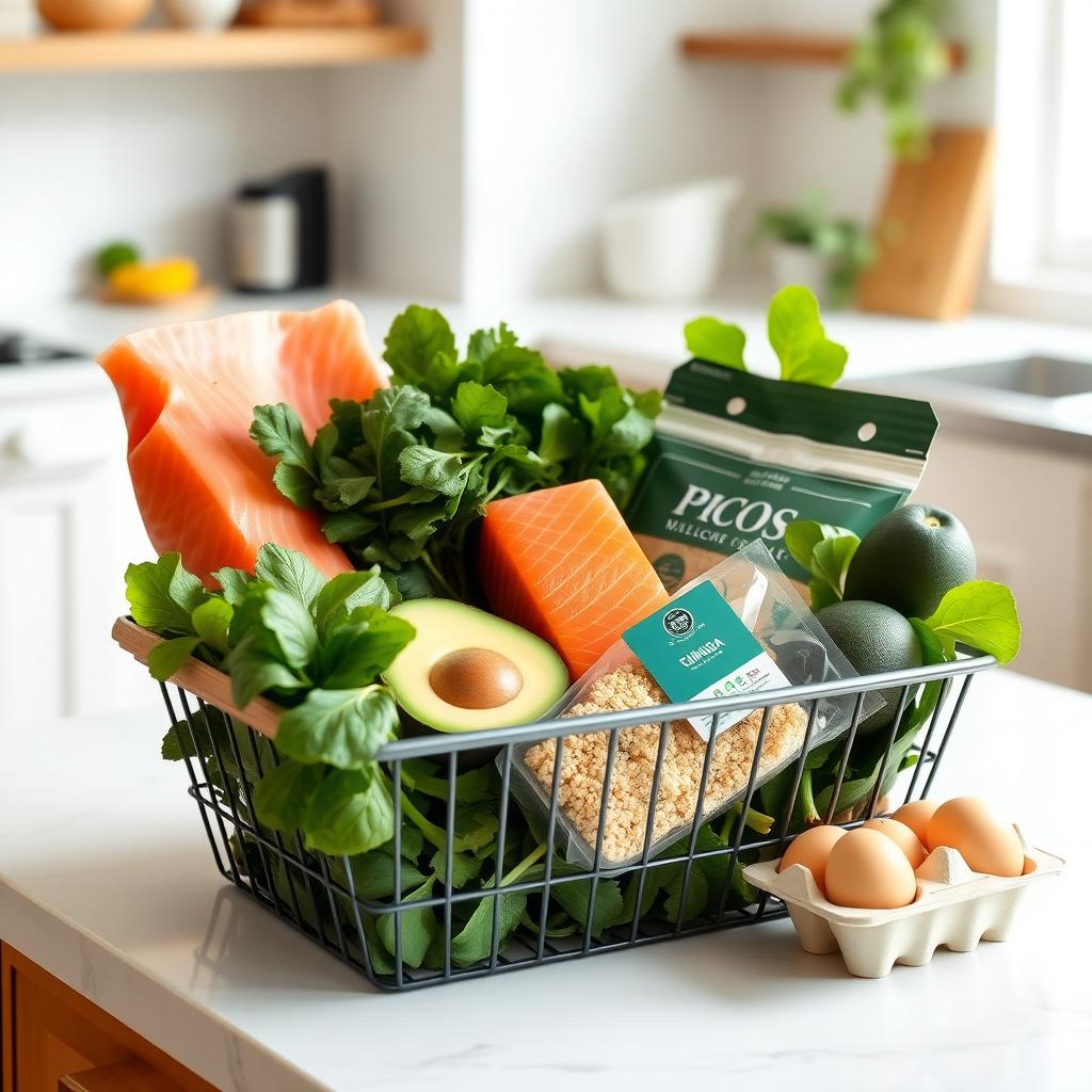 A grocery basket with PCOS-friendly foods like spinach, salmon, quinoa, avocados, and eggs on a kitchen counter.
