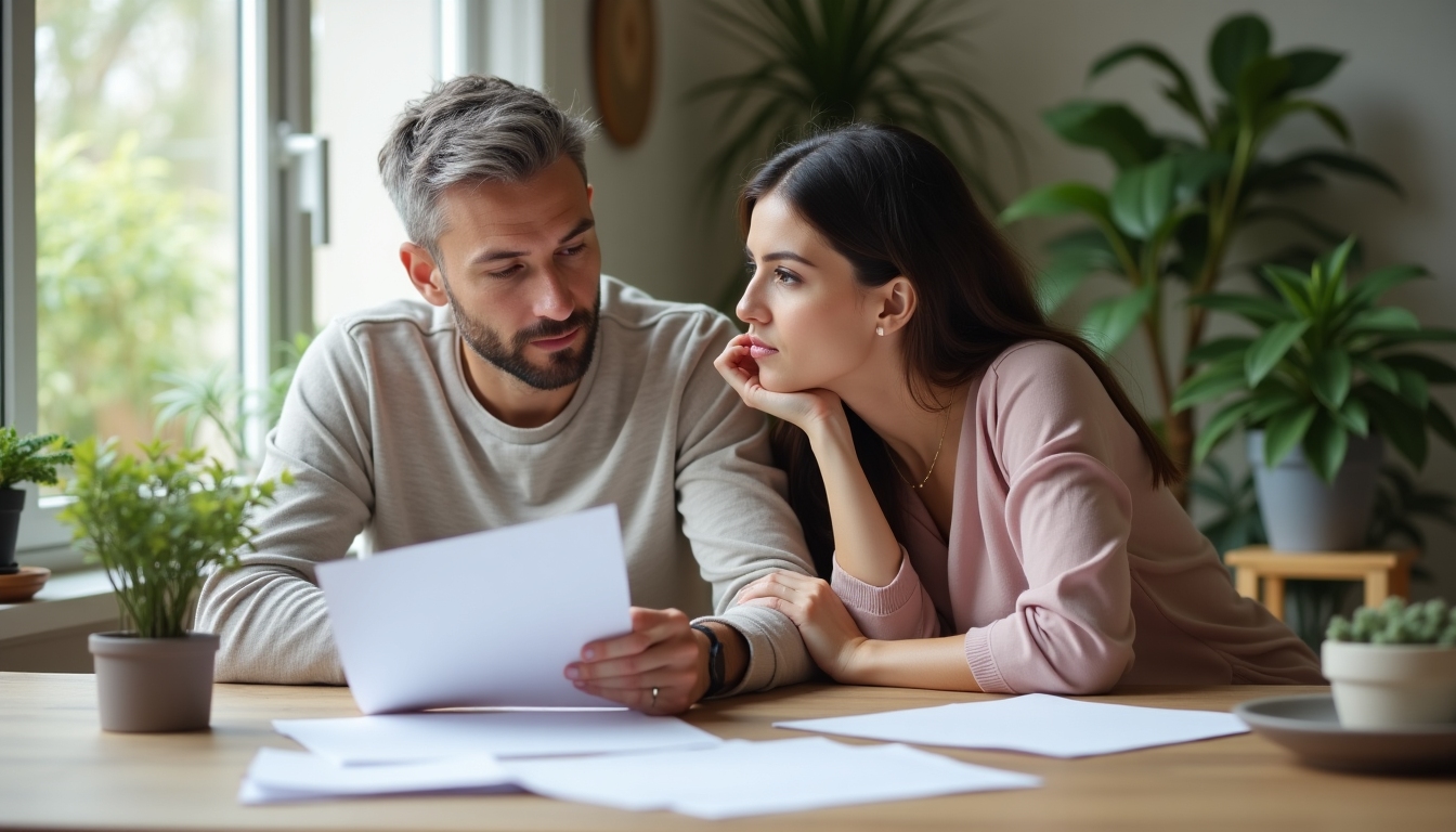 A couple reviewing fertility treatment documents together at home.