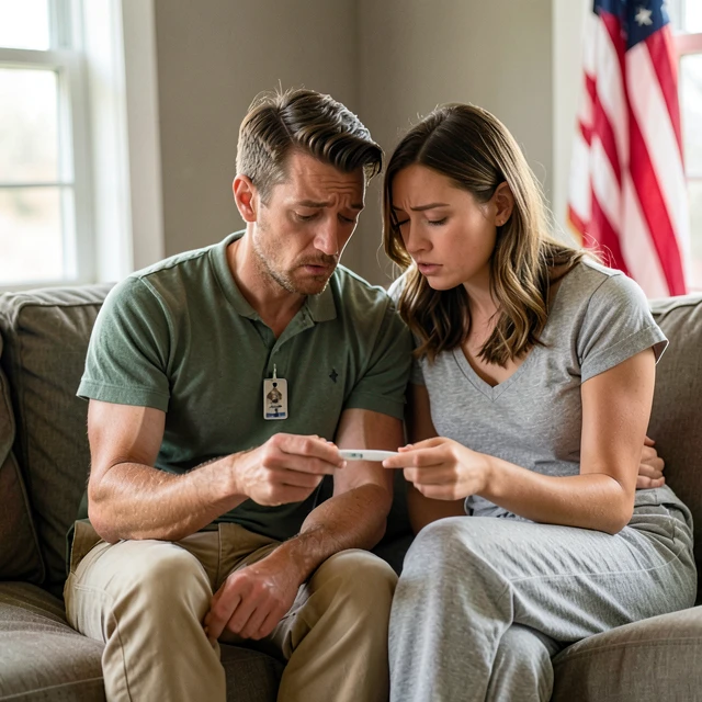 Military couple supporting each other while facing infertility challenges at home
