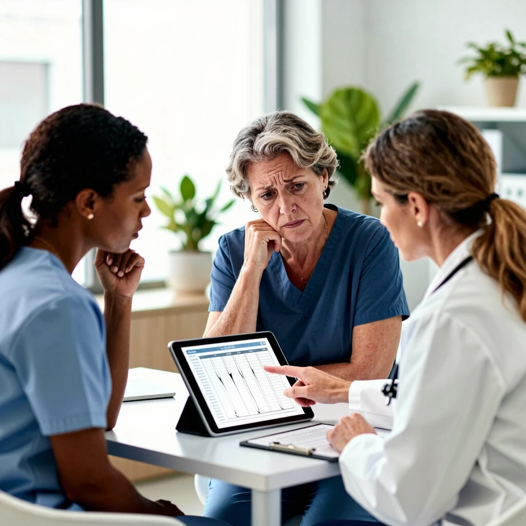 Couple consulting with fertility specialist in clinic office