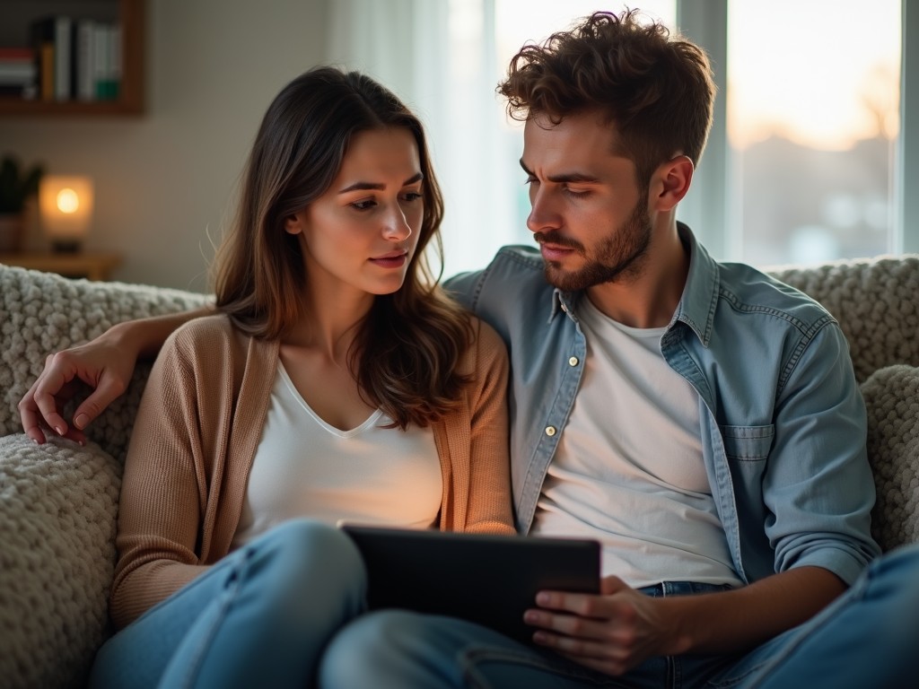 A couple reading reviews on their tablet, sitting comfortably at home.