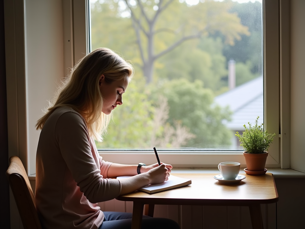 Woman journaling by a window with tea
