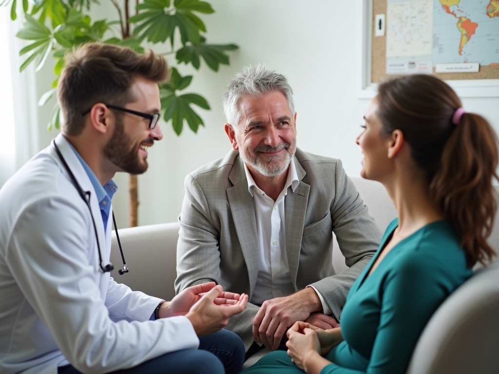 Couple consulting with a reproductive endocrinologist in a clinic.