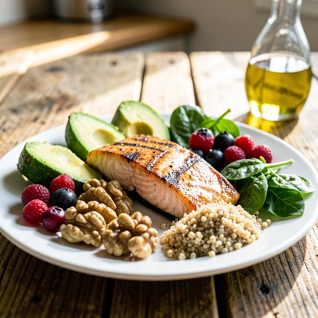 Colorful plate showcasing best foods for conception including salmon, avocado, nuts, berries, greens, and quinoa