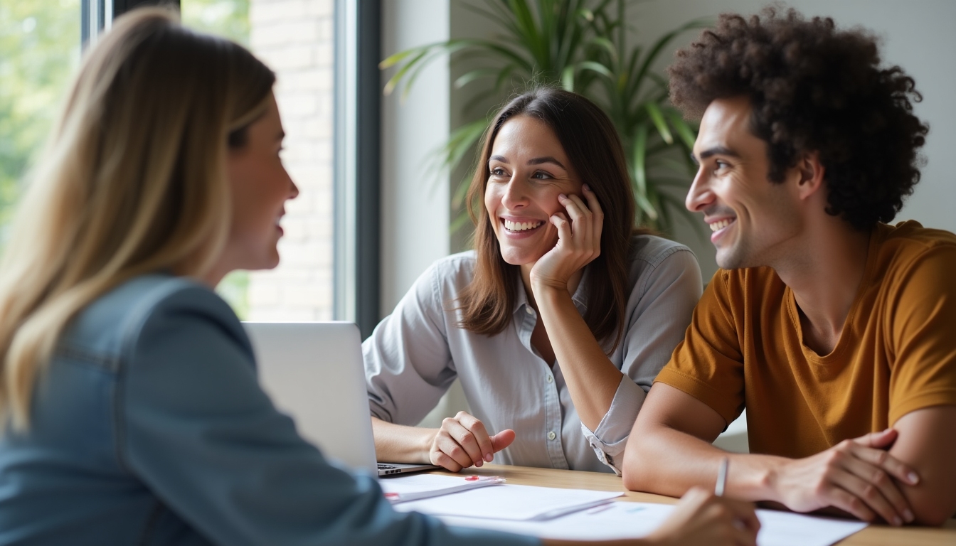 An attorney consulting a couple in a well-lit office environment.