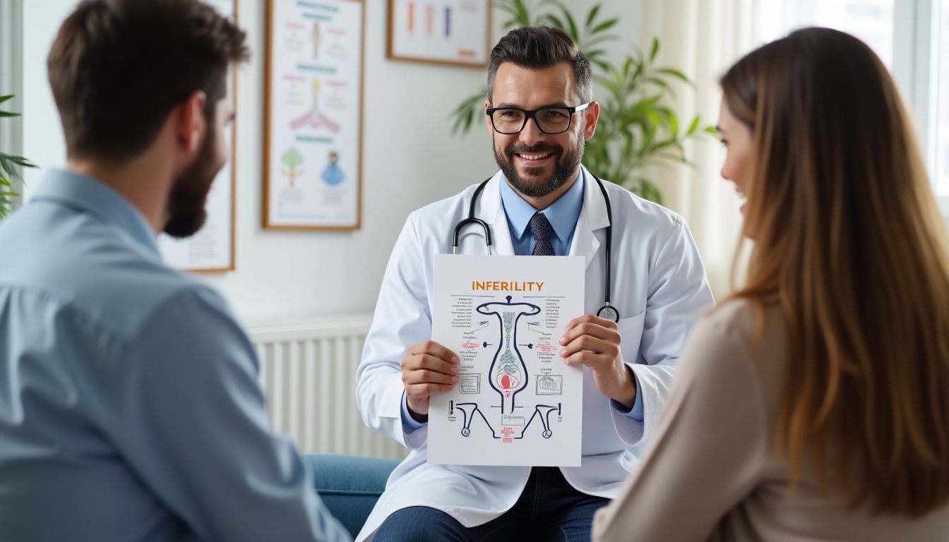 Doctor explaining a diagram to a couple in a clinical setting