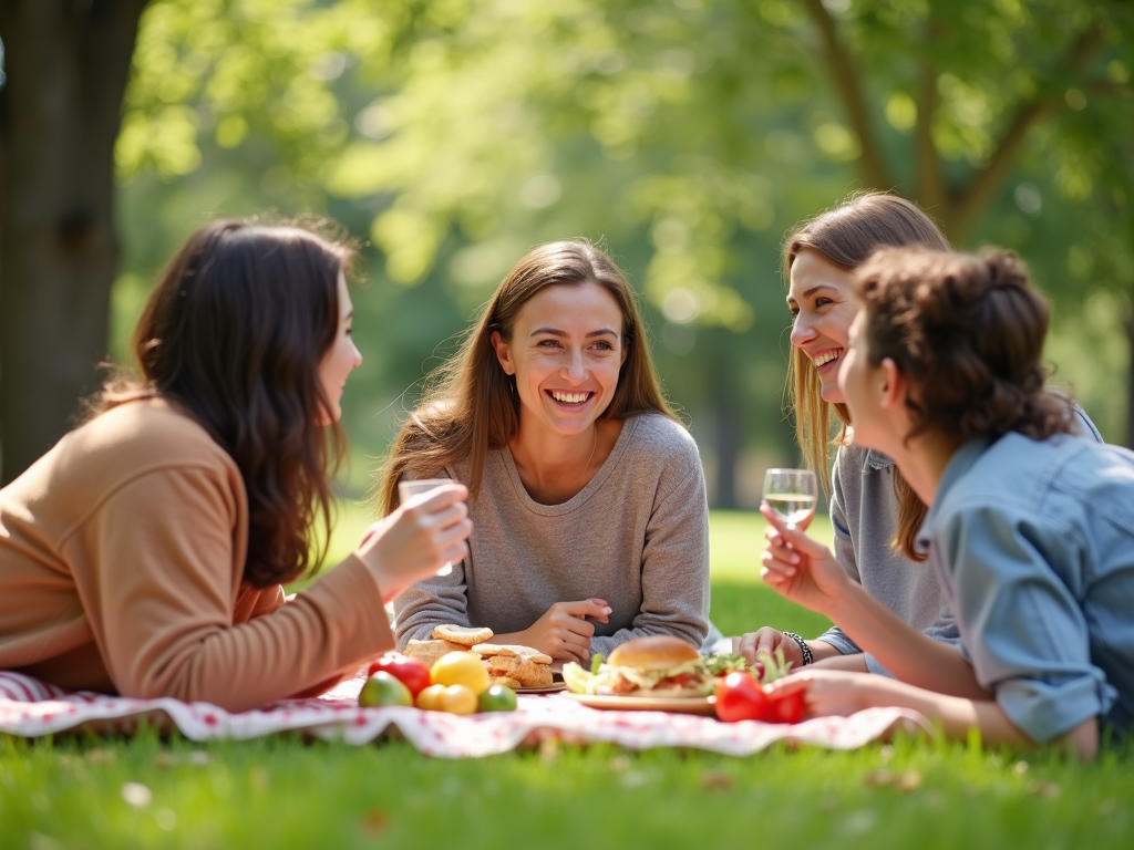 Friends laughing over a picnic of fresh salads and fruits on a sunny day