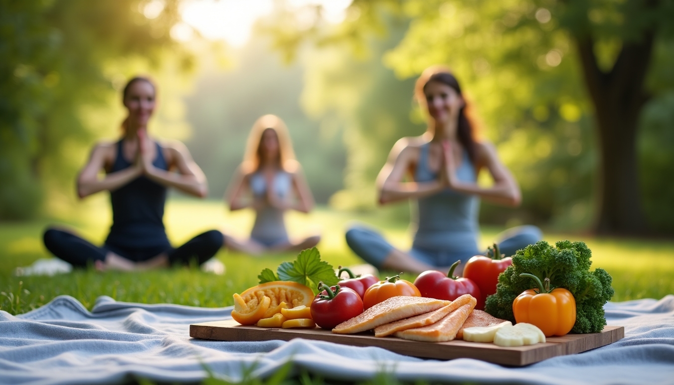 Healthy lifestyle representations featuring balanced meals and exercise.