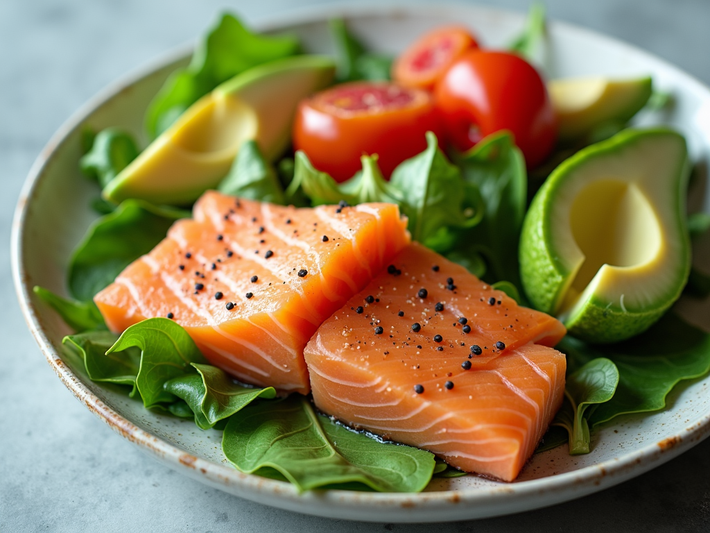 A healthy meal with salmon, avocado, and leafy greens.