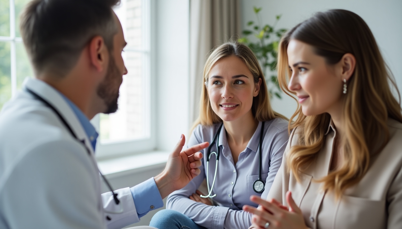 A couple consulting with a fertility specialist, looking at medical charts.