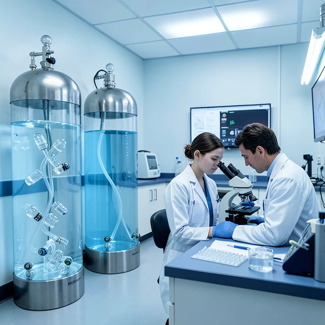 Modern fertility lab storing frozen sperm samples in liquid nitrogen tanks
