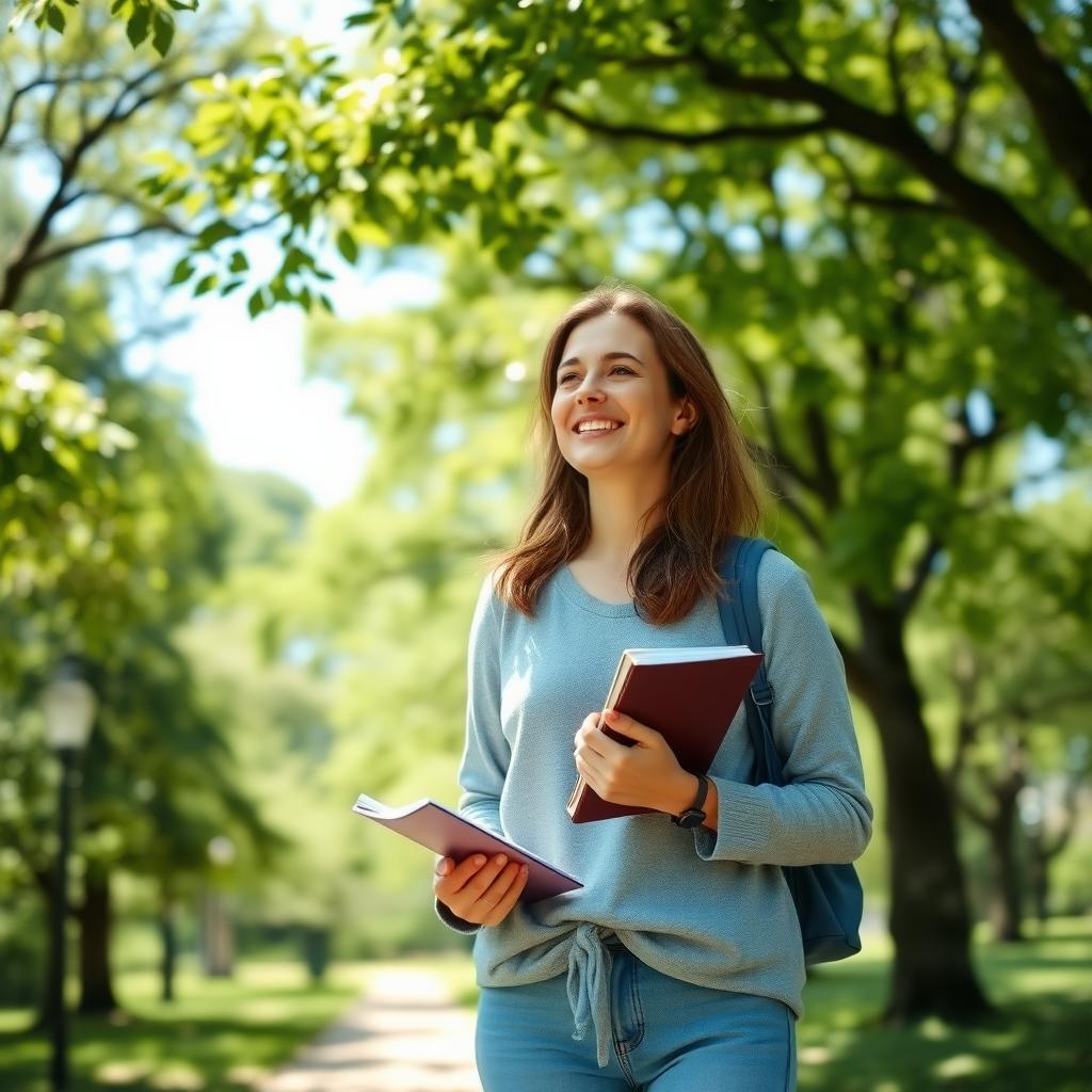 Woman walking mindfully in a lush park with trees and sunlight.
