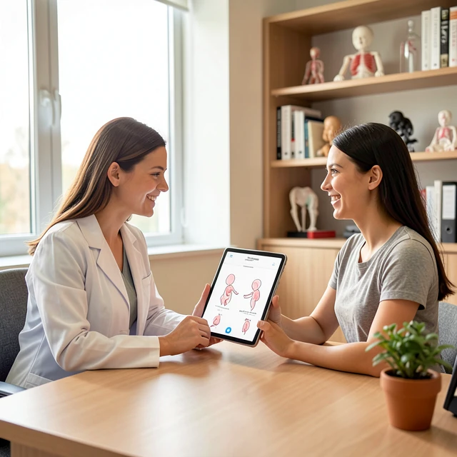 Fertility specialist counseling a young cancer patient with empathy and clear visuals