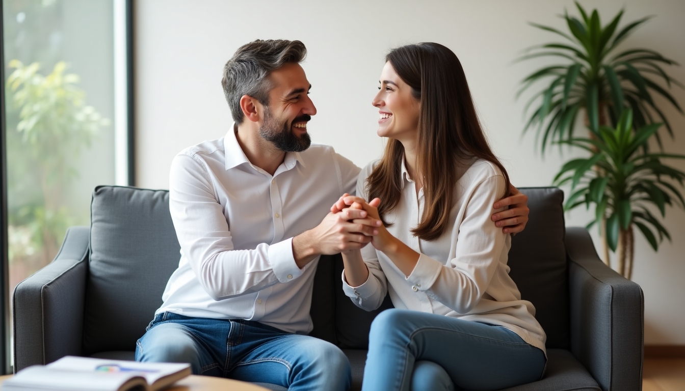 A couple comforting each other in a clinic waiting room, showing support and care.