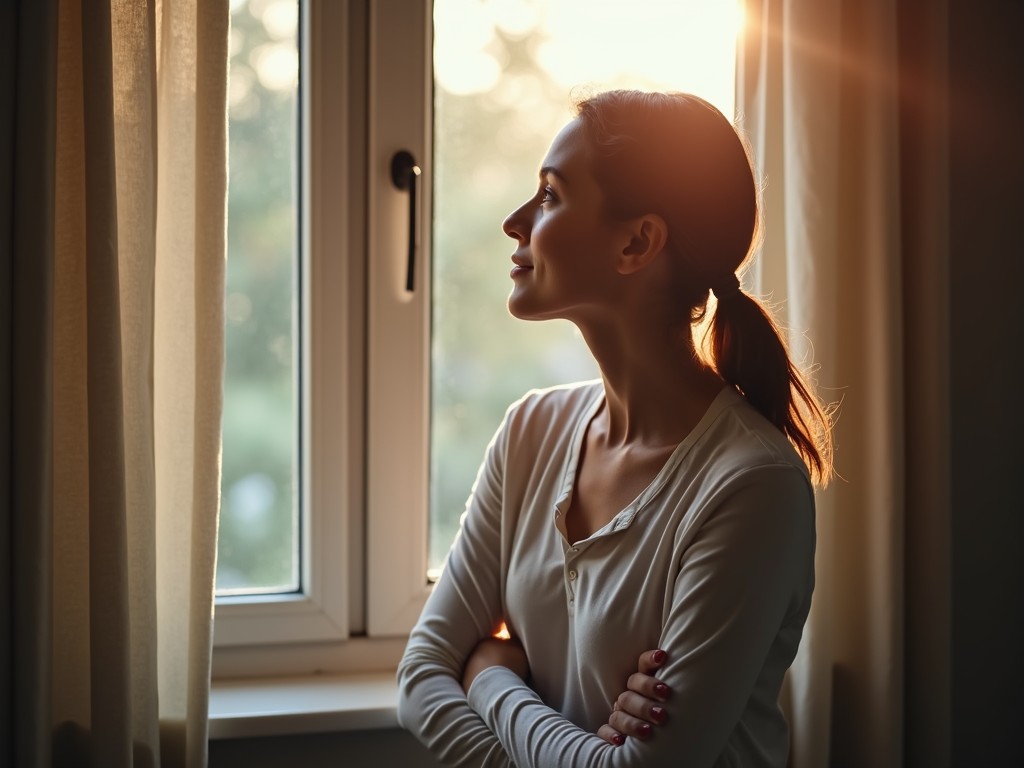 A hopeful woman looking out a window, symbolizing hope and future possibilities.