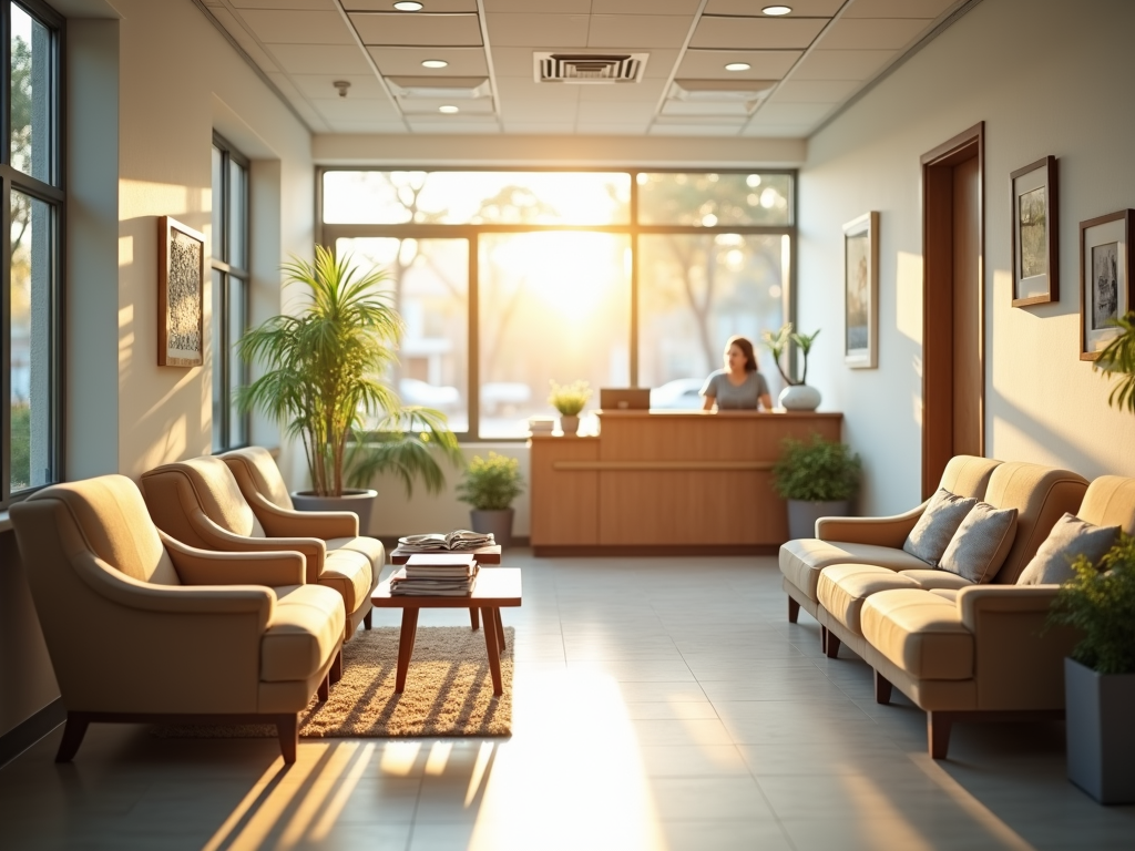 Inviting waiting room of a fertility clinic.