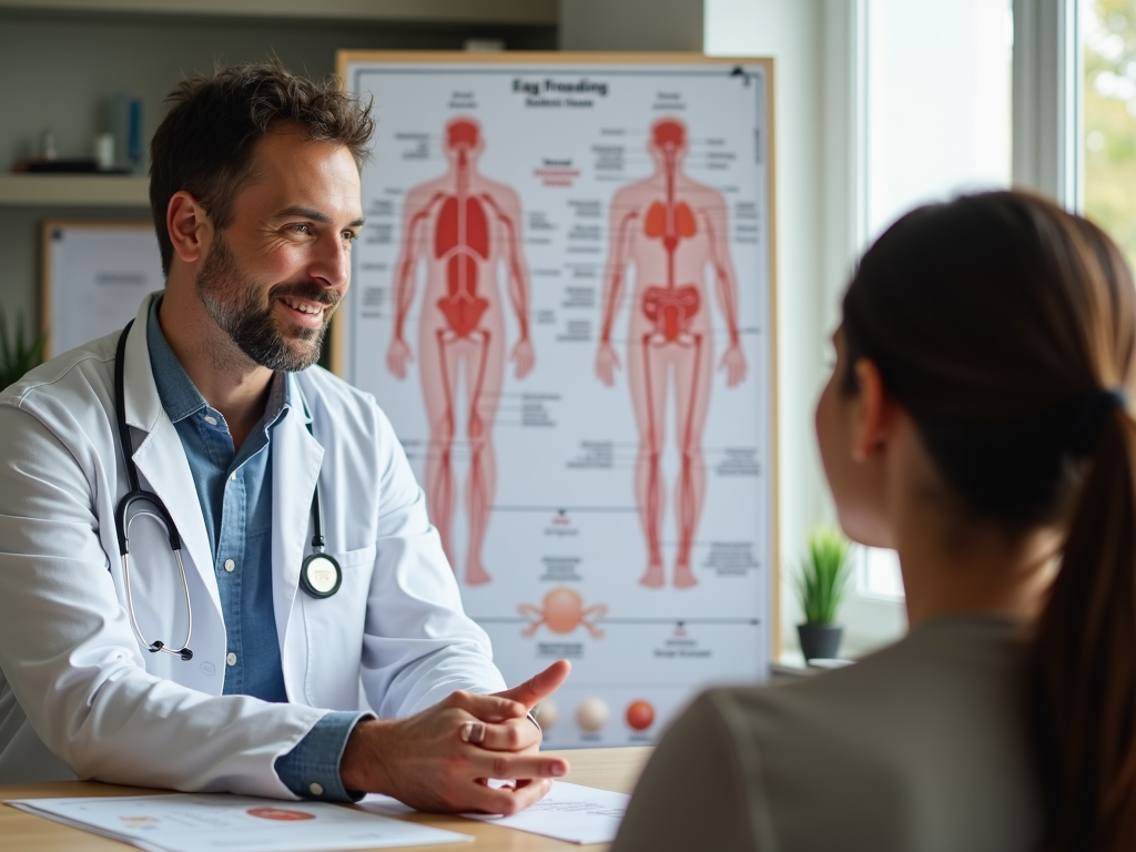 Doctor discussing egg freezing with patient using chart