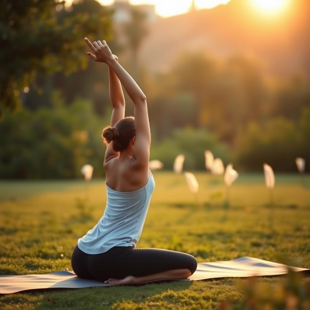 A woman practicing gentle yoga outdoors at sunrise, surrounded by greenery in a peaceful, rejuvenating setting.