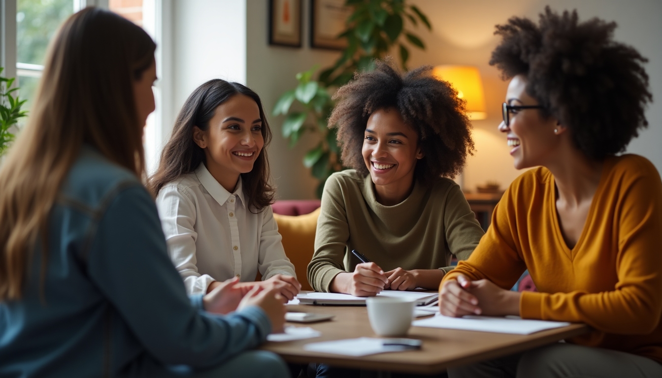A supportive group of diverse individuals discussing challenges in a meeting room.