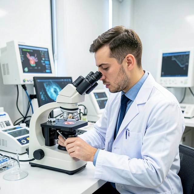Embryologist examining embryos in IVF lab