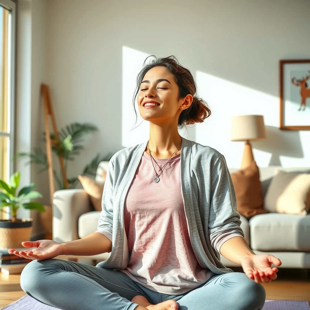 Woman doing gentle yoga at home to manage stress and fatigue during IVF