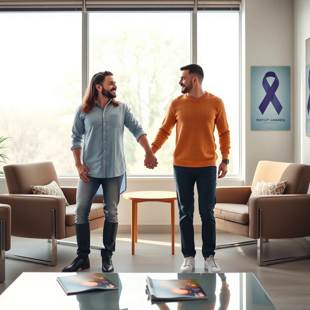 Couple in a fertility clinic waiting room, holding hands