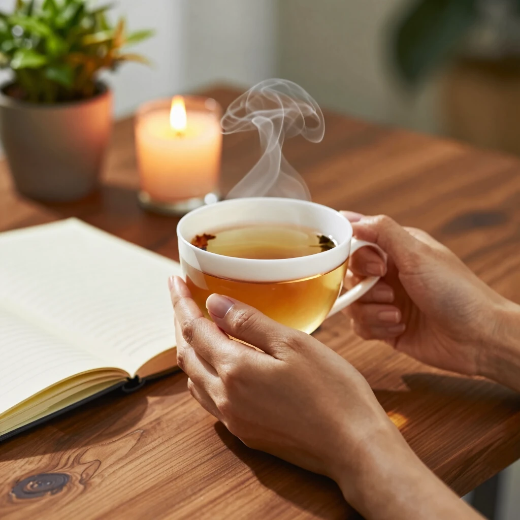 Cozy self-care setup with tea and journal for stress relief