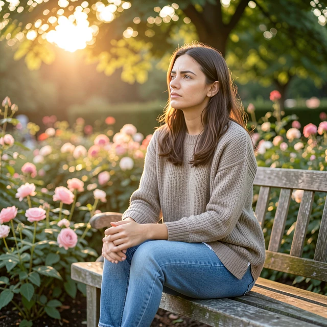 Woman finding peace and hope in a garden after receiving challenging news