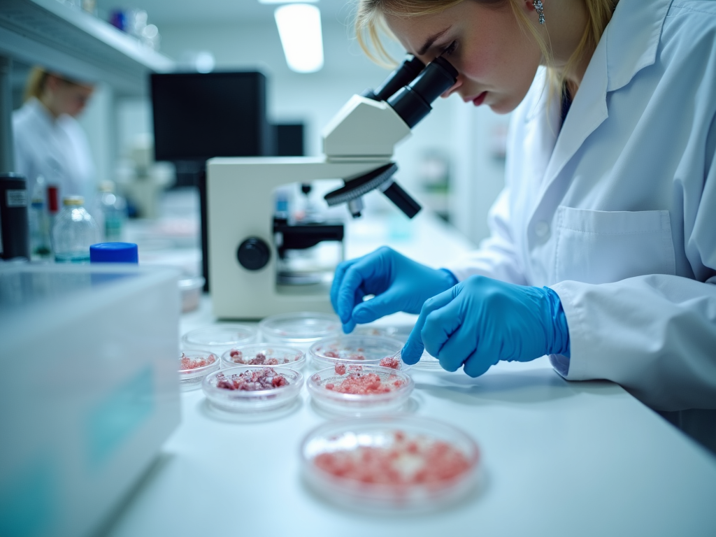 Lab technician working with embryos under a microscope in a fertility lab.