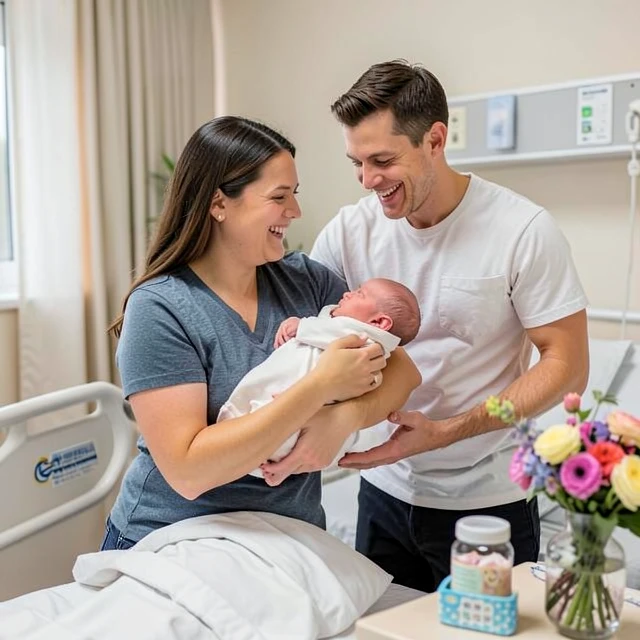 Happy same-sex couple with their newborn and supportive surrogate after birth
